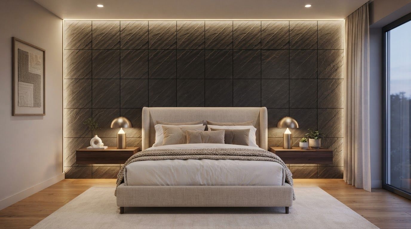 Акцентная стена из плитки черный сланец 600×600 в спальне